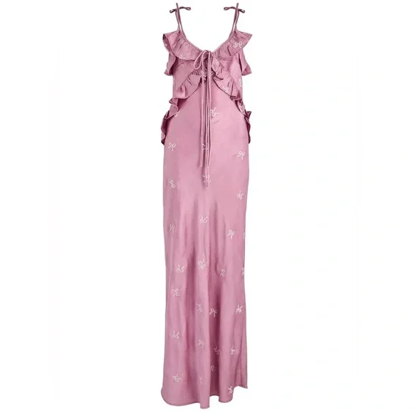 Damson madder Kiki Bow-Embroidered Satin Maxi Dress - Picture 2 of 4